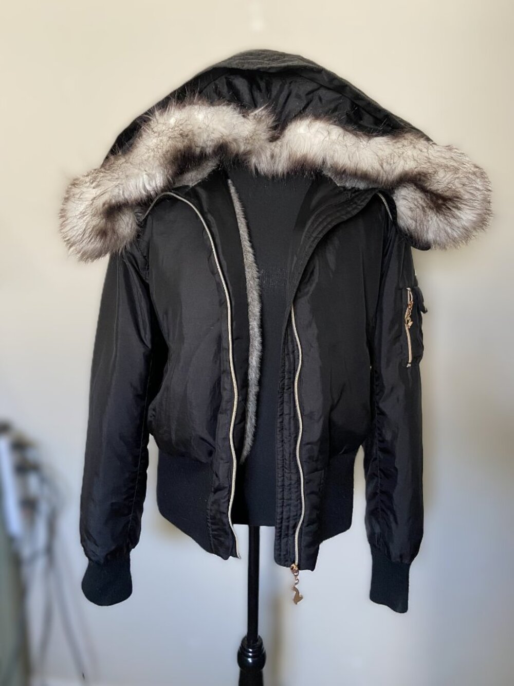BABYPHAT vintage Y2K cropped bomber wide band faux fur hood/lining 2X black/gold